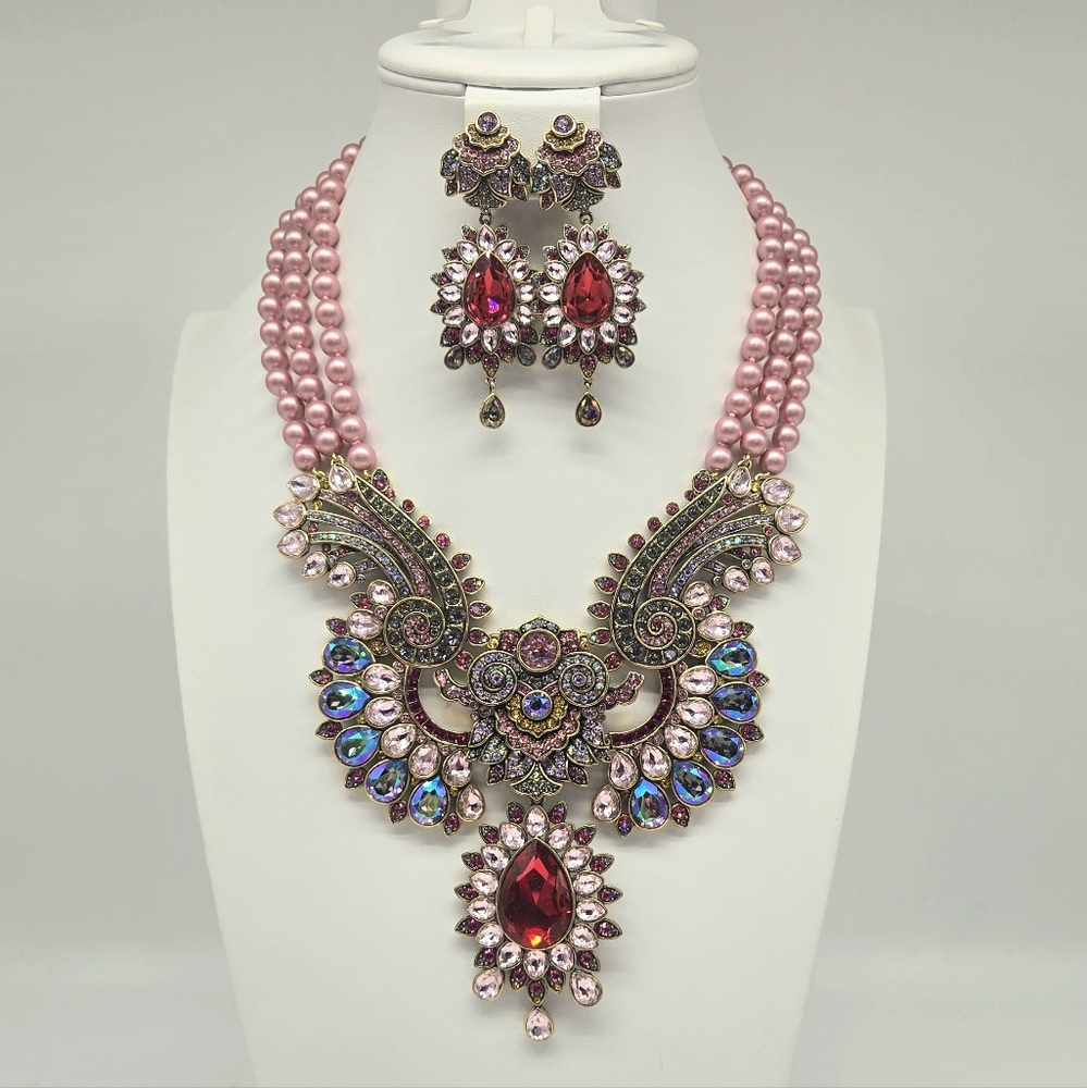 Heidi Daus Swarovski Crystal + Pink Glass Pearl Statement Necklace + Earring Set